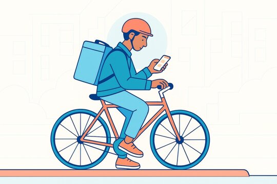 Food delivery cyclist checking phone while riding bicycle on urban street with light background in creative flat illustration style. Ai generative