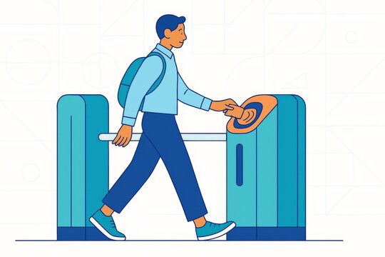 Man using contactless card at public transport turnstile gate with light abstract background, representing digital access concept. Ai generative