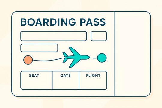Minimalist boarding pass mockup with airplane icon and blank fields for seat, gate, and flight on light background for travel design presentation. Ai generative