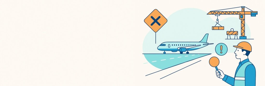 Airport construction safety concept with airplane, crane, and worker illustration on light background with empty copyspace for design or banner. Ai generative