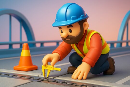 Construction worker measuring expansion joint on bridge with caliper tool during inspection, wearing safety gear, colorful light background. Ai generative
