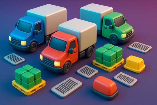 Colorful toy-style delivery trucks with cargo and pallets on a gradient background illustrating transport and logistics concept. Ai generative. Ai generative