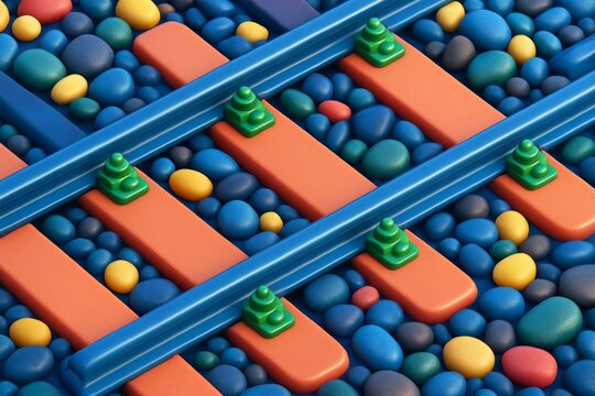 Abstract colorful toy-style railway tracks with pebbles in bright color palette on light background, symbolizing creative transport concept. Ai generative