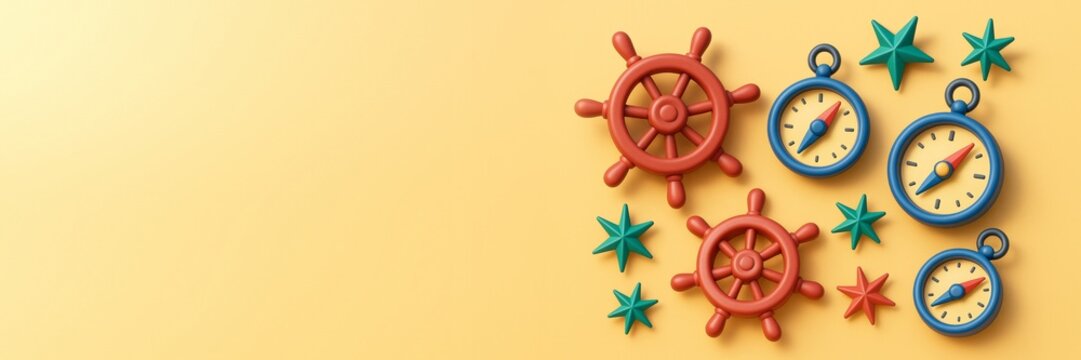 Nautical steering wheels, compasses, and stars on yellow background with left-side copyspace for creative transport-themed banner or poster template. Ai generative