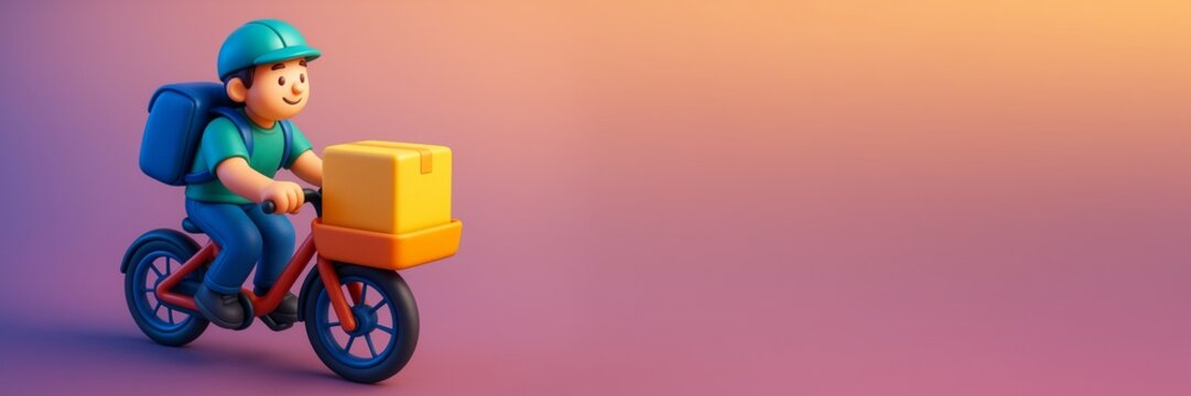 Cartoon delivery man riding bicycle with parcel on colorful gradient background, ideal for advertising banner or copyspace design template. Ai generative
