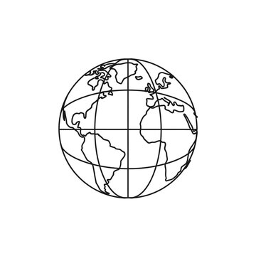 Minimalist black outline vector icon of Earth globe showing continents and graticule for global communication and travel concepts