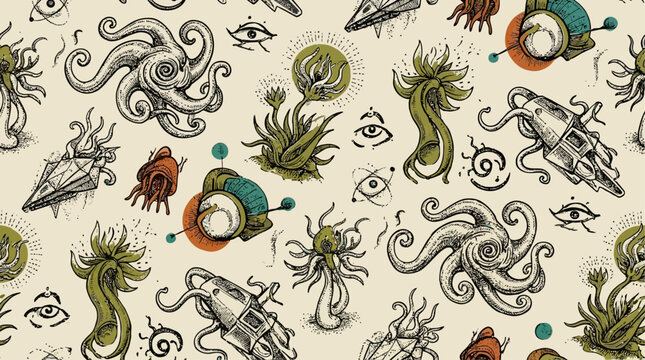 Seamless pattern featuring futuristic extraterrestrial alien life form with intricate cosmic creature and organic space organism in a vibrant scifi illustration for creative design project.