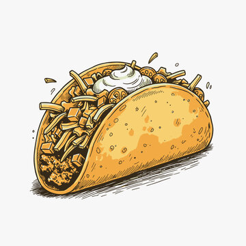 Delicious crispy hard shell taco illustration with meat, cheese, and sour cream. Hand-drawn Mexican fast food design.