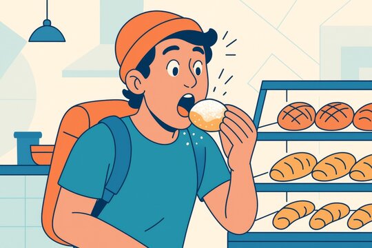 Cartoon traveler eating sweet pastry in bakery shop surrounded by fresh bread on shelves, illustrated in flat clean style on light background. Ai generative