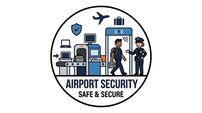 Airport security checkpoint with passengers and luggage.