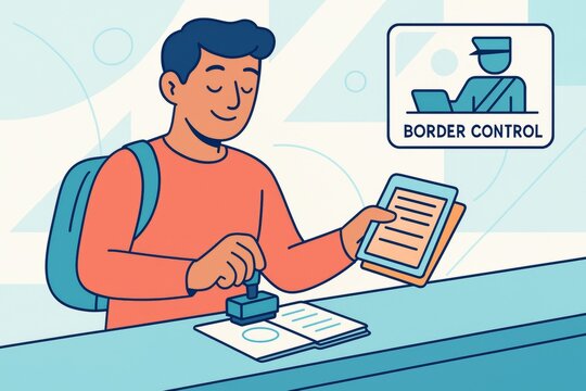 Cartoon of traveler passing border control with documents stamped at counter, holding papers, background with control sign and clean layout design. Ai generative