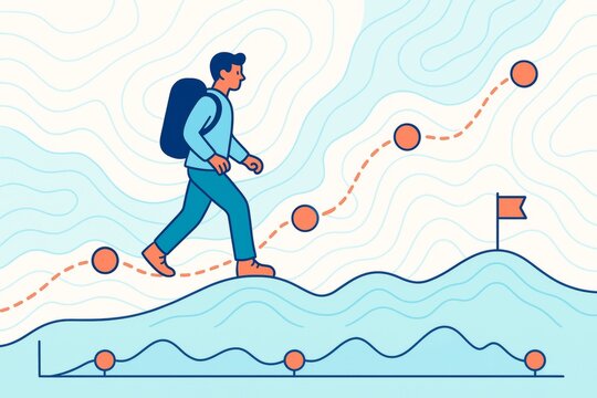 Traveler hiking a path toward a goal with data points on abstract topographic map background in flat minimal design style for progress concept. Ai generative