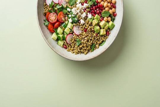 Healthy freekeh grain salad bowl with avocado chickpea pomegranate tomato and feta cheese top view copy space