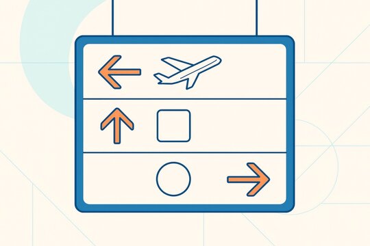 Airport direction sign with icons and arrows on pastel background.