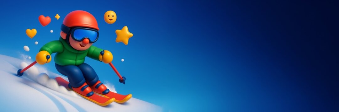Cartoon skier in winter outfit skiing downhill with playful emojis and blank blue background for banner or copyspace promotion design template. Ai generative