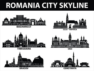 Romania city skylines in black set © VectEdge