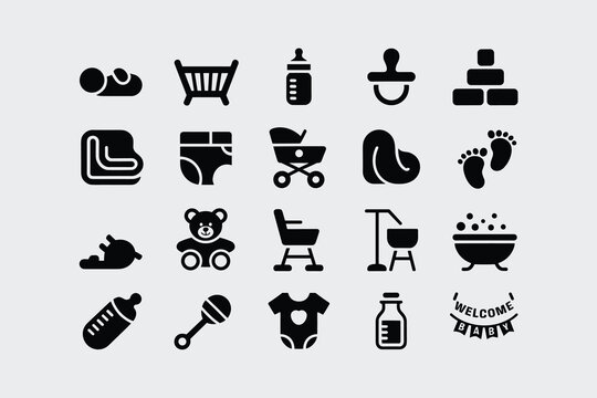 Set of baby icons, newborn care, infant accessories, toys, and nursery elements, vector illustration