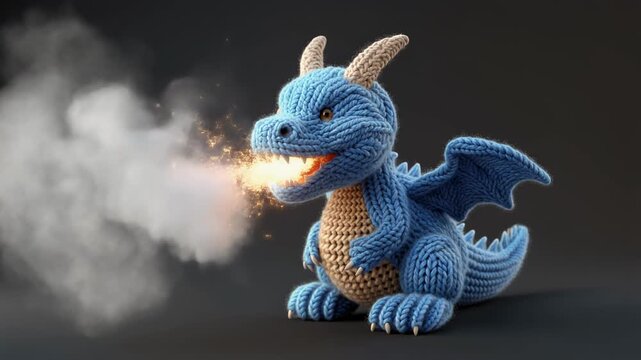 Blue knitted dragon toy with smoke puff