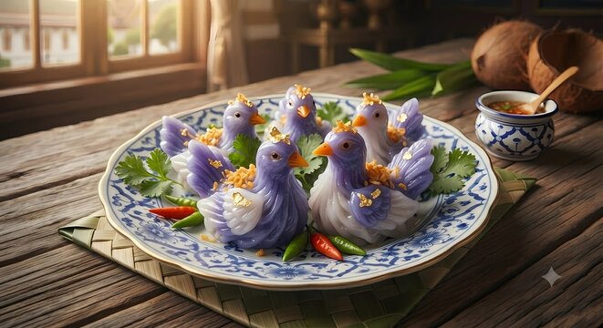 Traditional royal Thai bird-shaped dumplings known as Jeeb Nok on a vintage ceramic plate