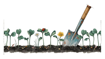 Small shovel tool in soil with green plant sprouts and flowers in a garden Vector © NURJAHAN