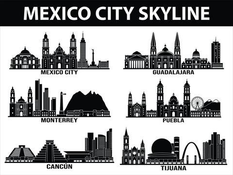 Black skyline set of six Mexican cities