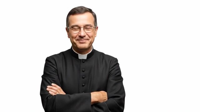 A friendly priest smiling with his arms crossed in a studio portrait