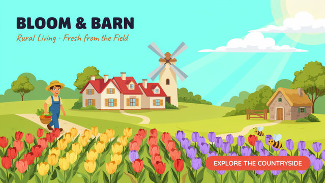 Pixel art farm scene with a farmer in a colorful flower field near a rustic barn and windmill under a sunny summer sky Vector