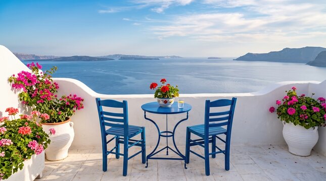 Two blue wooden chairs and a small round table with a flower pot on a white terrace overlooking the blue aegean sea and volcanic islands in santorini greece under a clear sunny sky