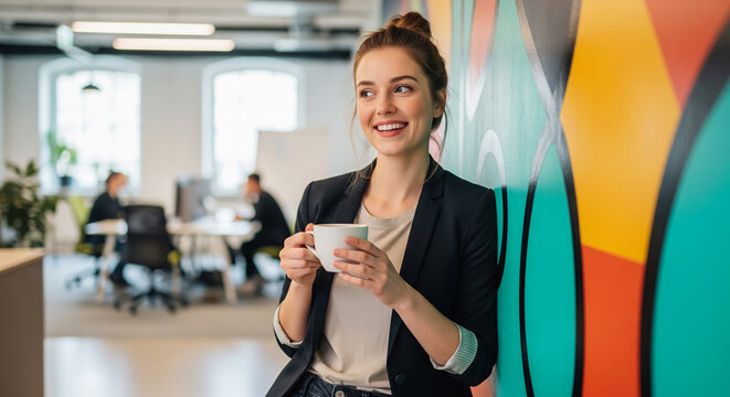 A smiling woman enjoying a cup of coffee in a modern setting, a concept for a relaxing break, cafe culture, or lifestyle