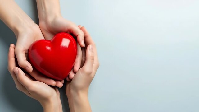 Two pairs of hands gently cupping a vibrant red heart on a neutral surface