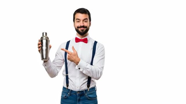 A dapper young bartender holding and pointing at a professional drink shaker