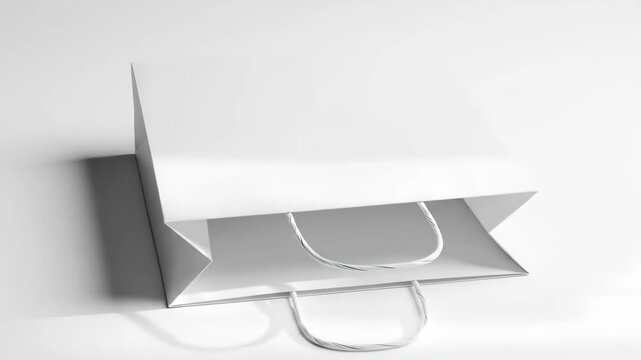 A minimalist white paper shopping bag lying flat on a clean neutral background