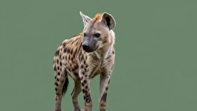 A spotted hyena standing against a simple sage green background in profile