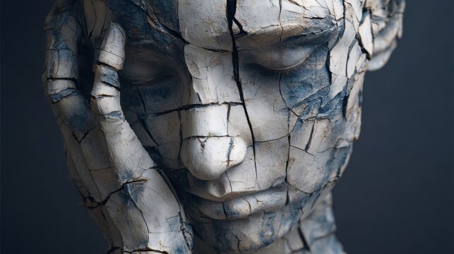 Cracked stone sculpture of human face with hand in pensive pose, moody concept art