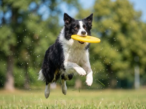 Border Collie dog jumping in mid-air to catch a bright yellow flying disc in a grassy park