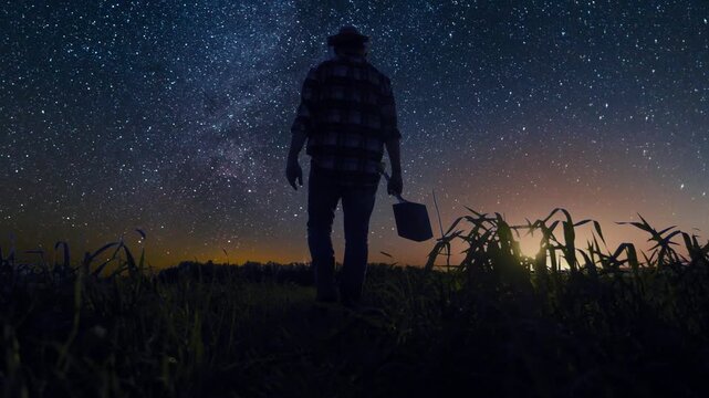 Man with a shovel walking in the field at night with clear starry sky.