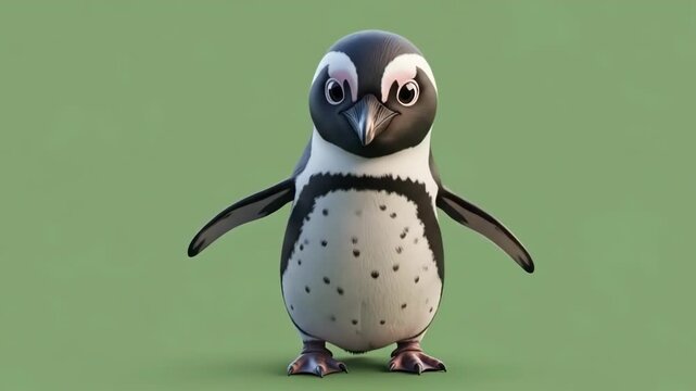 A charming 3d illustration of a cute little penguin on a green background