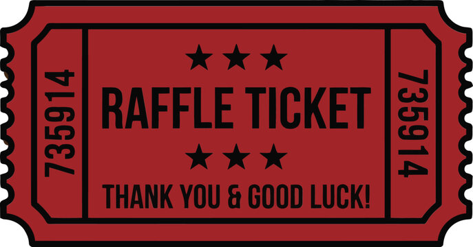 Red raffle ticket with perforated stub isolated on white background, vintage lottery admission voucher