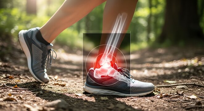 Ankle sprain injury during trail running. Sports medicine and athletic rehabilitation. Runner on forest path with highlighted painful ankle joint