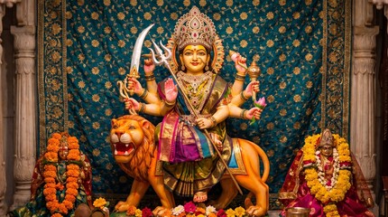 Fototapeta premium Goddess durga seated majestically on her lion vahana holding various divine weapons