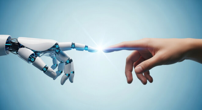 Robot hand and human hand reaching towards each other to touch fingers creating bright spark representing human and machine collaborative unity.