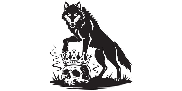 Black wolf standing on a skull with a crown isolated on white background