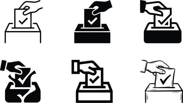 Ballot box voting icon set showing hand casting vote election choice and democracy symbols in black and white vector illustration