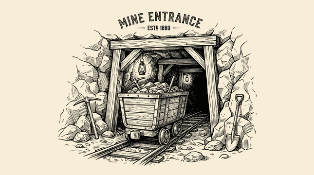 Vintage engraving style vector illustration of a traditional wooden mining cart on rails inside a deep subterranean coal mine tunnel shaft with crosshatch shading and antique industrial details.