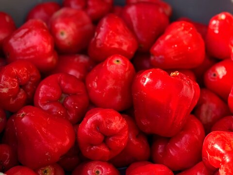 Vibrant red rose apples (wax apples) piled together, showcasing their glossy skin and unique bell shape. Fresh tropical fruit.