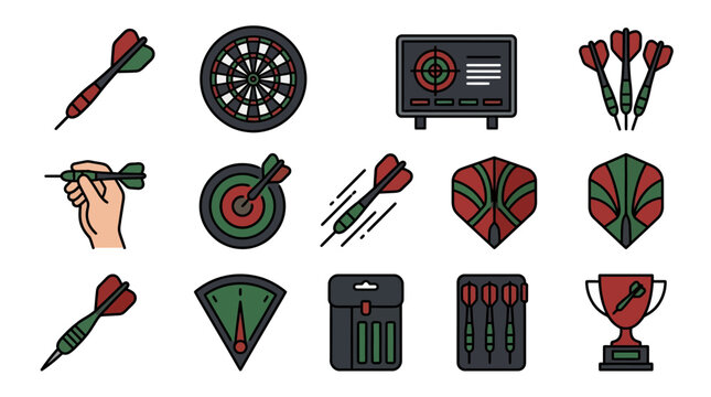 Darts Game Icon Set: Darts, Board, Trophy, Case