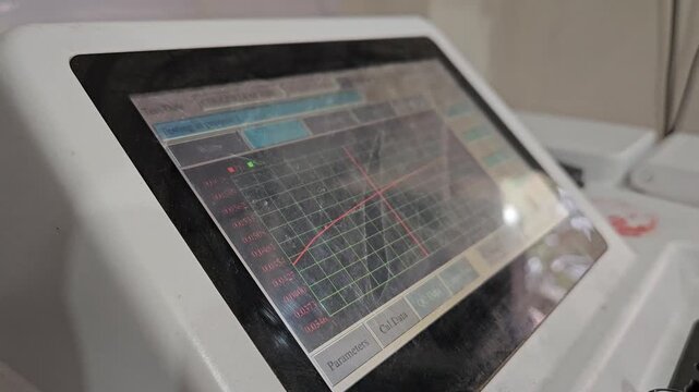 Authentic footage of a laboratory technician operating an automated chemistry analyzer using a touchscreen interface in a modern clinical laboratory. The video showcases laboratory automation