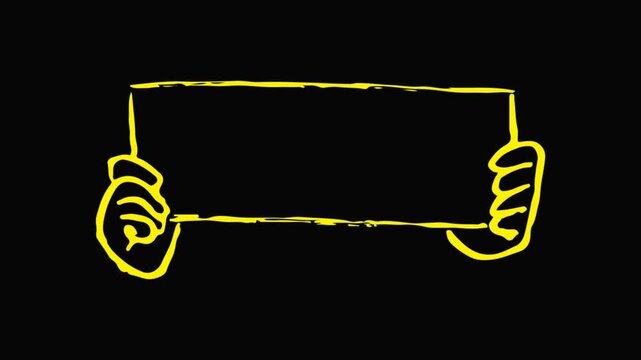 Sketchy cartoon hands holding a white sign board, loop animation vector