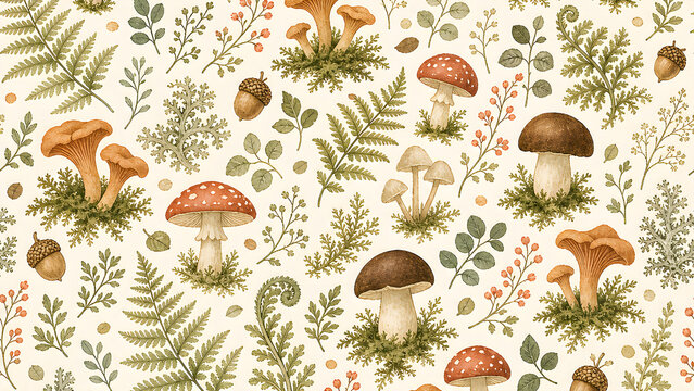 Cottagecore mushroom and fern botanical repeat pattern