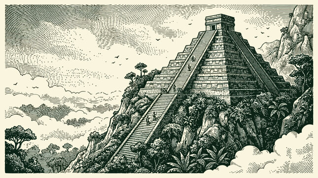 Majestic ancient terraced temple pyramid architectural monument rendered in detailed scratchboard vector illustration style featuring intricate textured line art and historical ruin aesthetic.